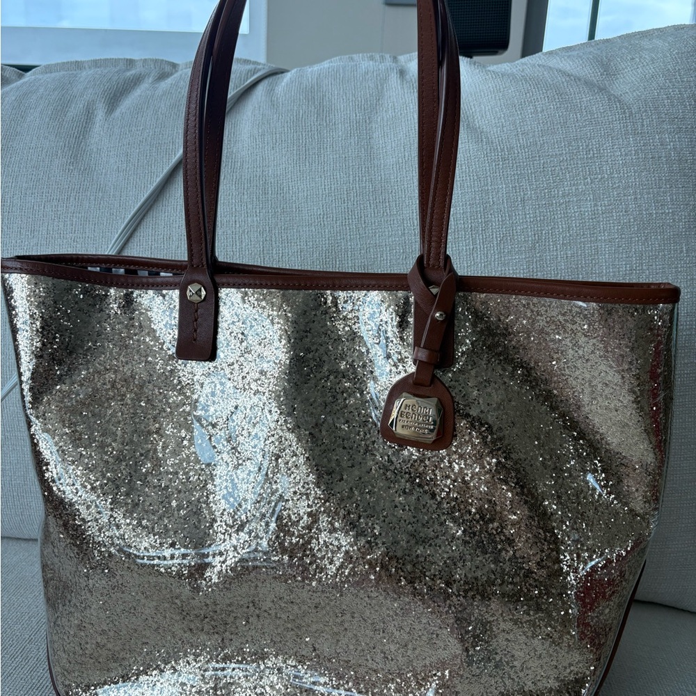 Henri Bendel Glittering Silver Tote with Brown Accents